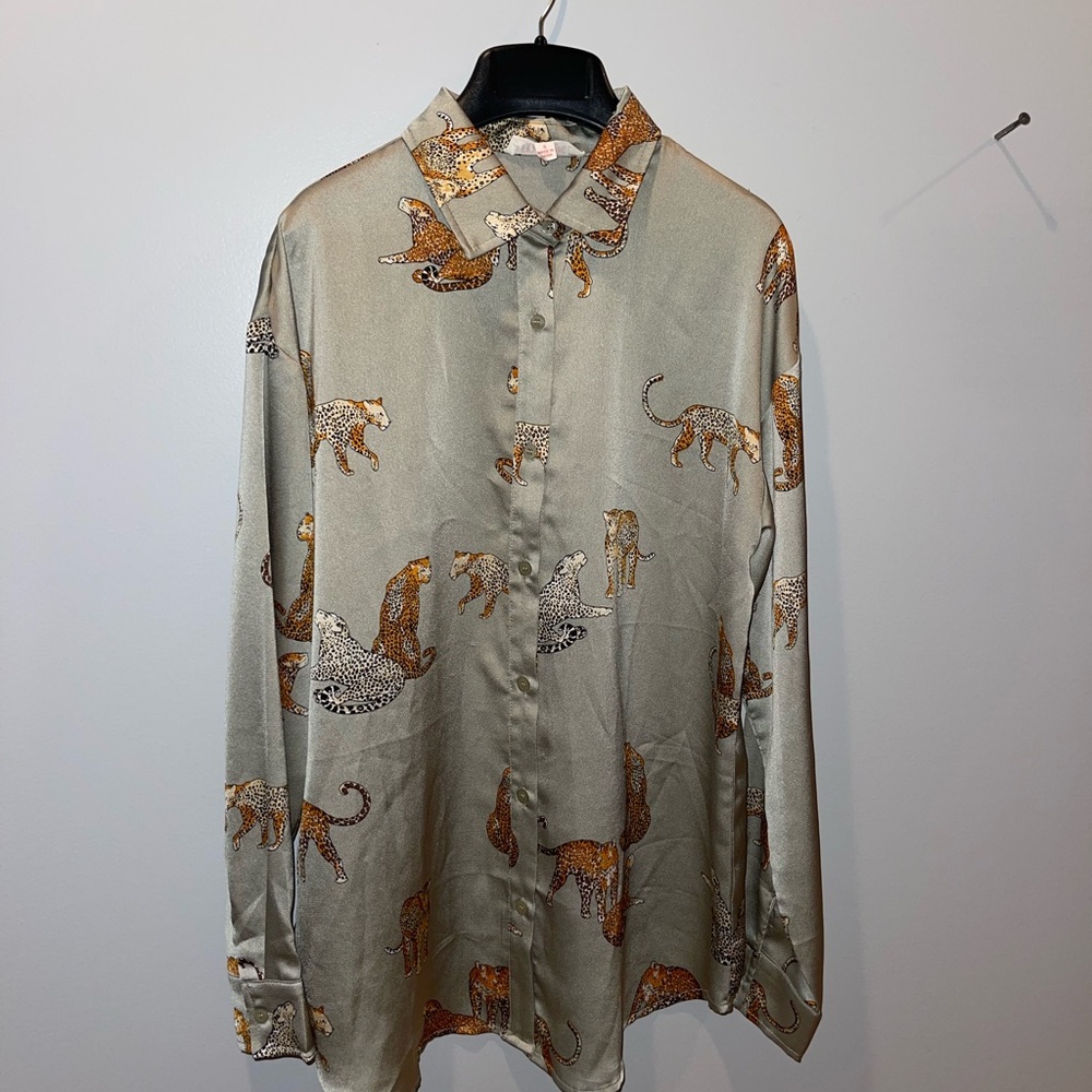 Animal Print Sage Green Button Down Blouse